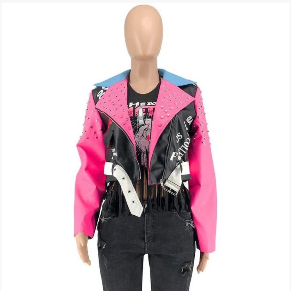 Faux Leather Biker Jacket - Pink-Size Large